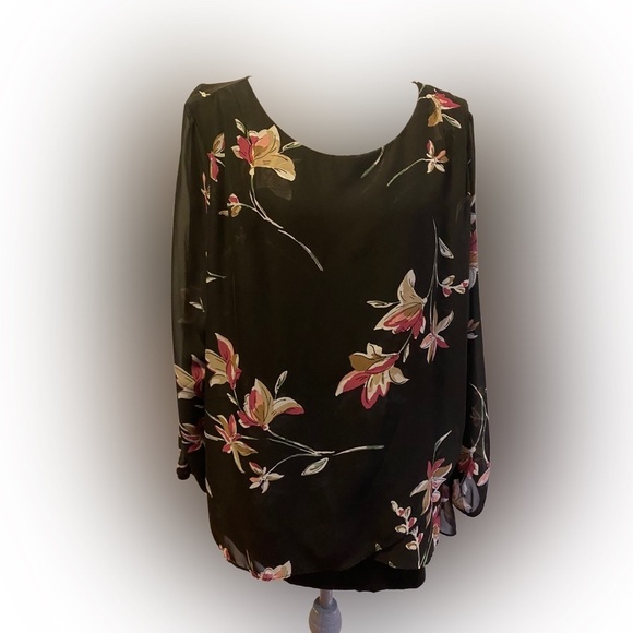 AGB Tops - AGB Black Floral Tiered Blouse, Size 1X
